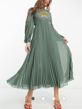 ASOS DESIGN textured twist front pleated  dress with embroidery